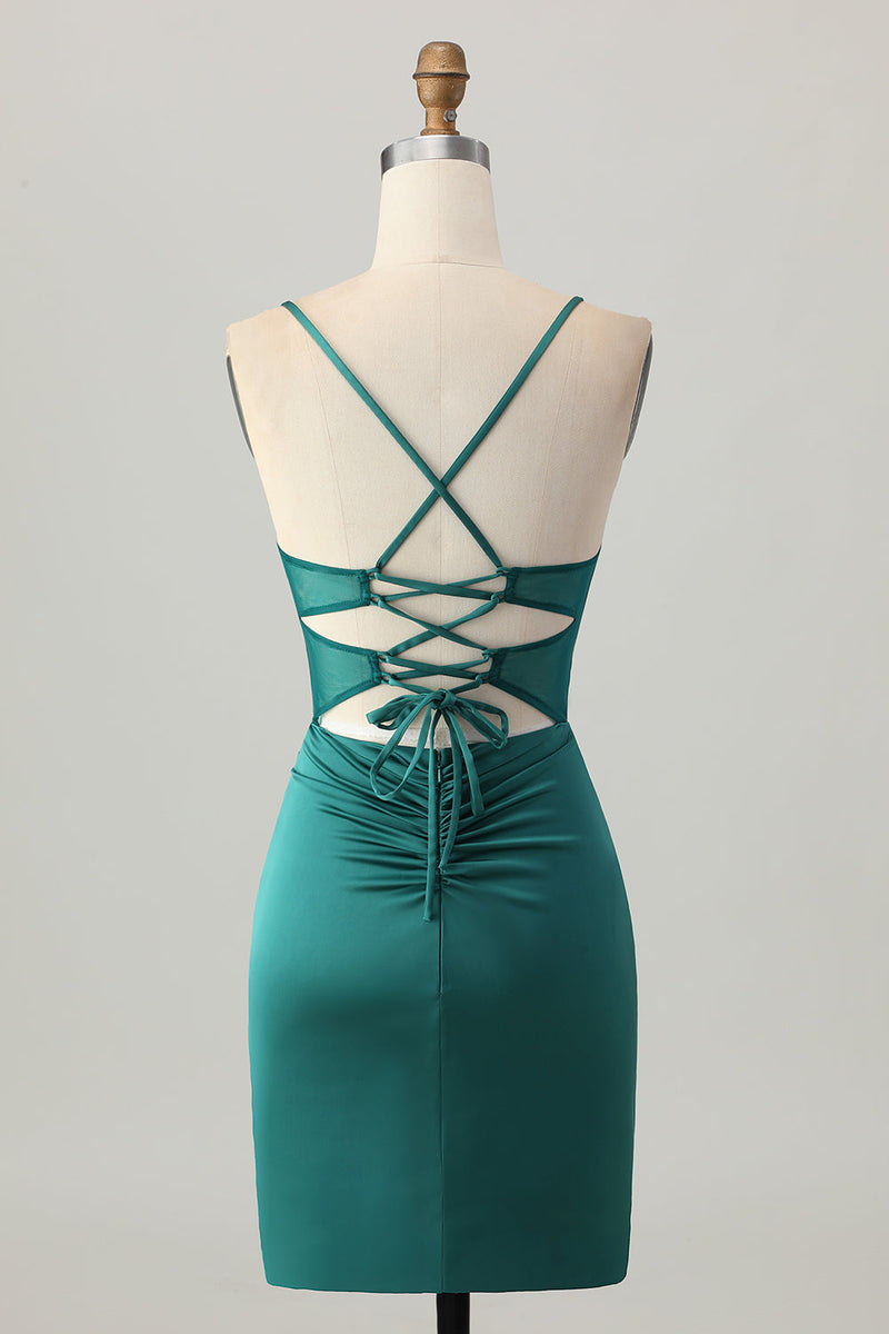 Load image into Gallery viewer, Dark Green Satin Tight Short Corset Homecoming Dress