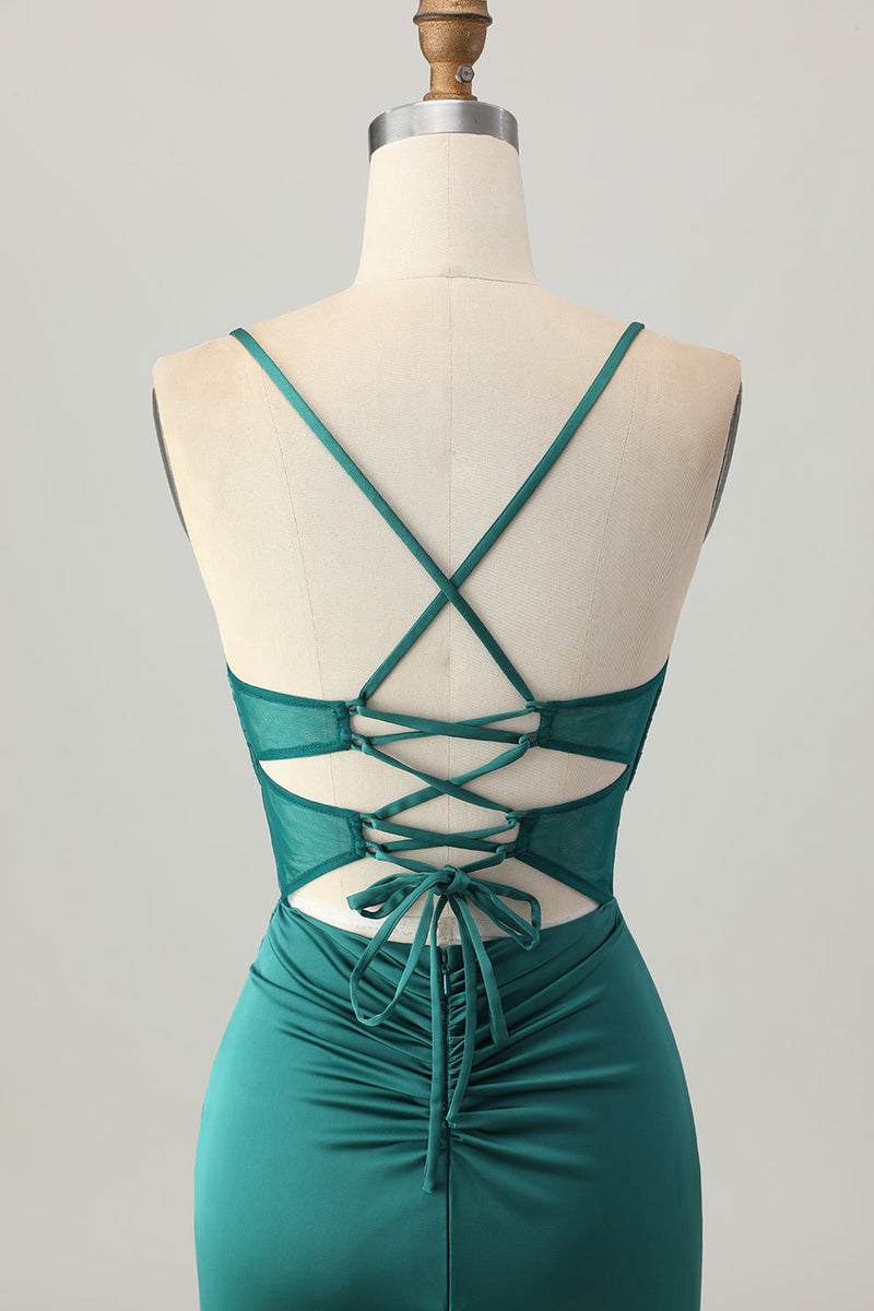 Load image into Gallery viewer, Dark Green Satin Tight Short Corset Homecoming Dress