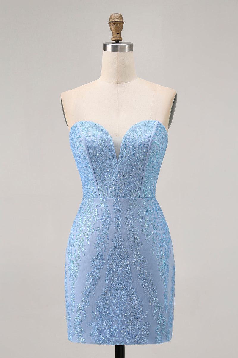 Load image into Gallery viewer, Sparkly Blue Tight Strapless Short Corset Homecoming Dress with Sequins