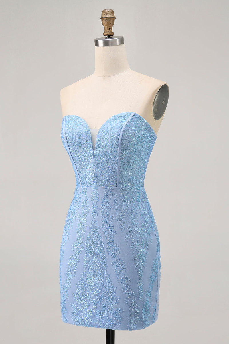 Load image into Gallery viewer, Sparkly Blue Tight Strapless Short Corset Homecoming Dress with Sequins