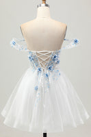 Load image into Gallery viewer, Sparkly Floral White Blue A Line Short Corset Homecoming Dress with Beading