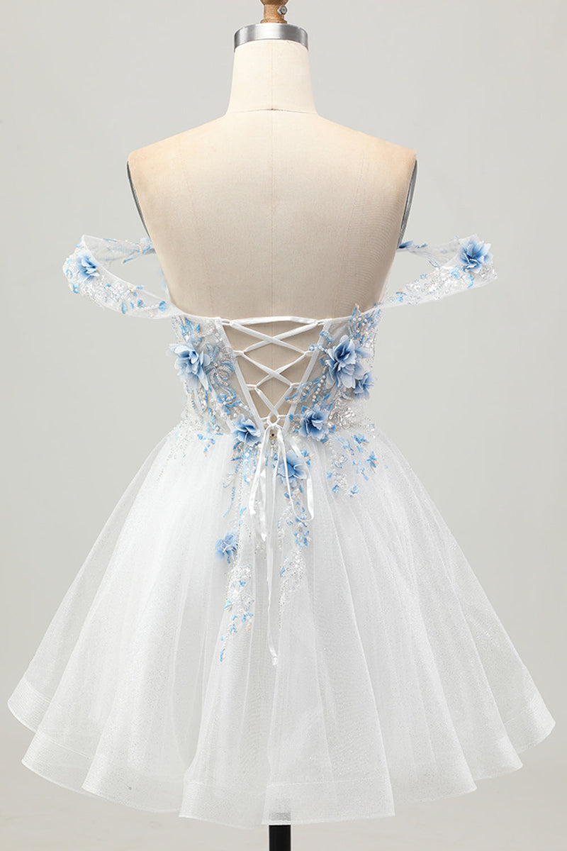 Load image into Gallery viewer, Sparkly Floral White Blue A Line Short Corset Homecoming Dress with Beading