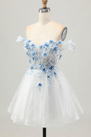 Load image into Gallery viewer, Sparkly Floral White Blue A Line Short Corset Homecoming Dress with Beading