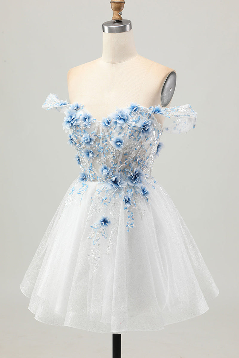 Load image into Gallery viewer, Sparkly Floral White Blue A Line Short Corset Homecoming Dress with Beading