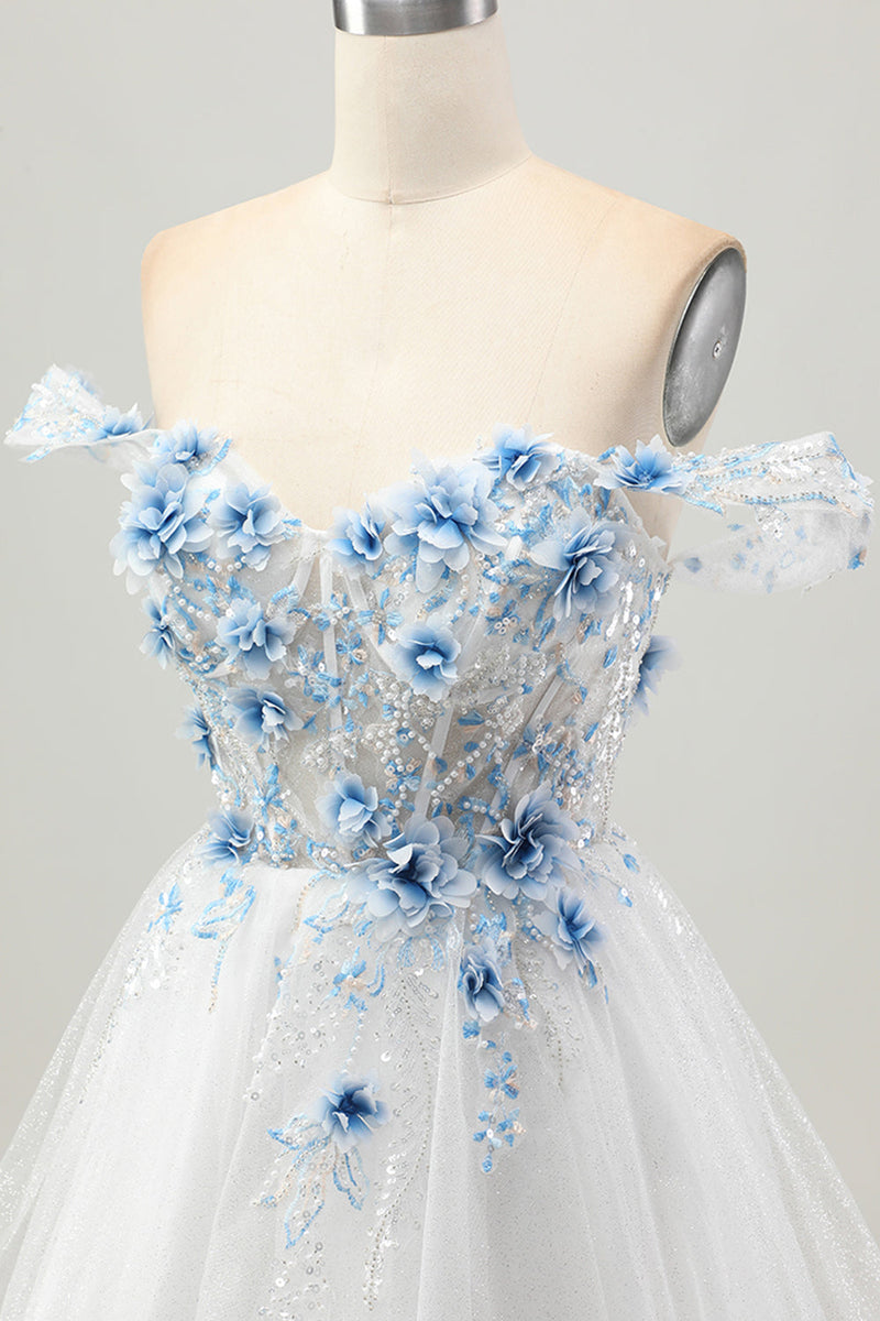 Load image into Gallery viewer, Sparkly Floral White Blue A Line Short Corset Homecoming Dress with Beading