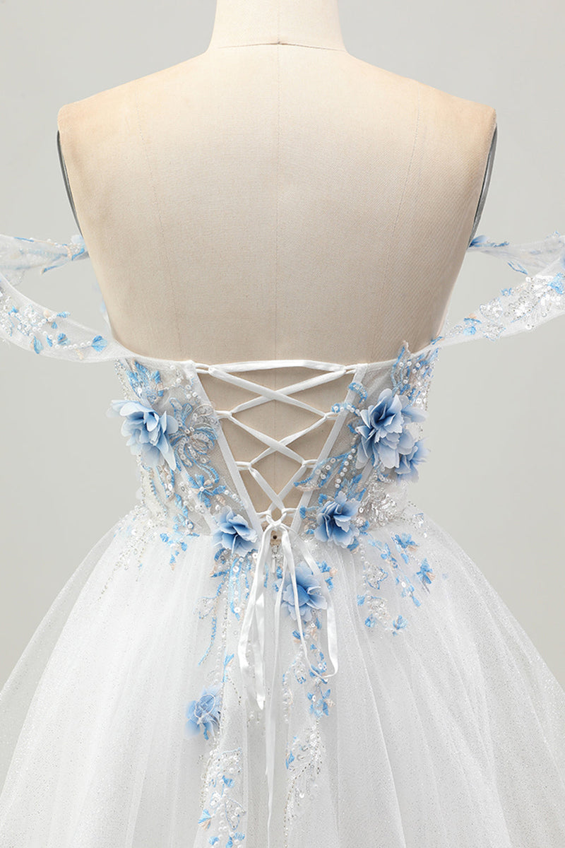 Load image into Gallery viewer, Sparkly Floral White Blue A Line Short Corset Homecoming Dress with Beading