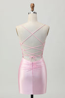 Load image into Gallery viewer, Blush Pink Satin Ruched Tight Spaghetti Straps Short Homecoming Dress