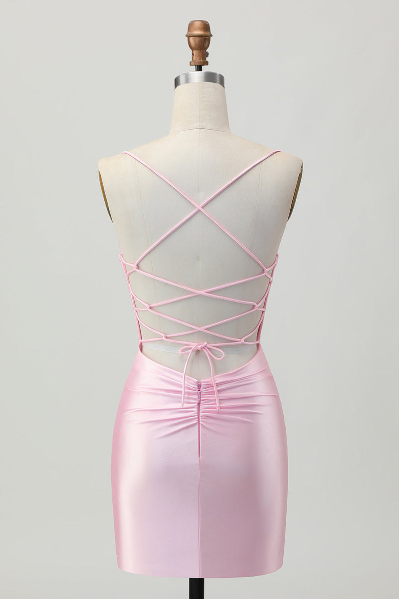 Load image into Gallery viewer, Blush Pink Satin Ruched Tight Spaghetti Straps Short Homecoming Dress