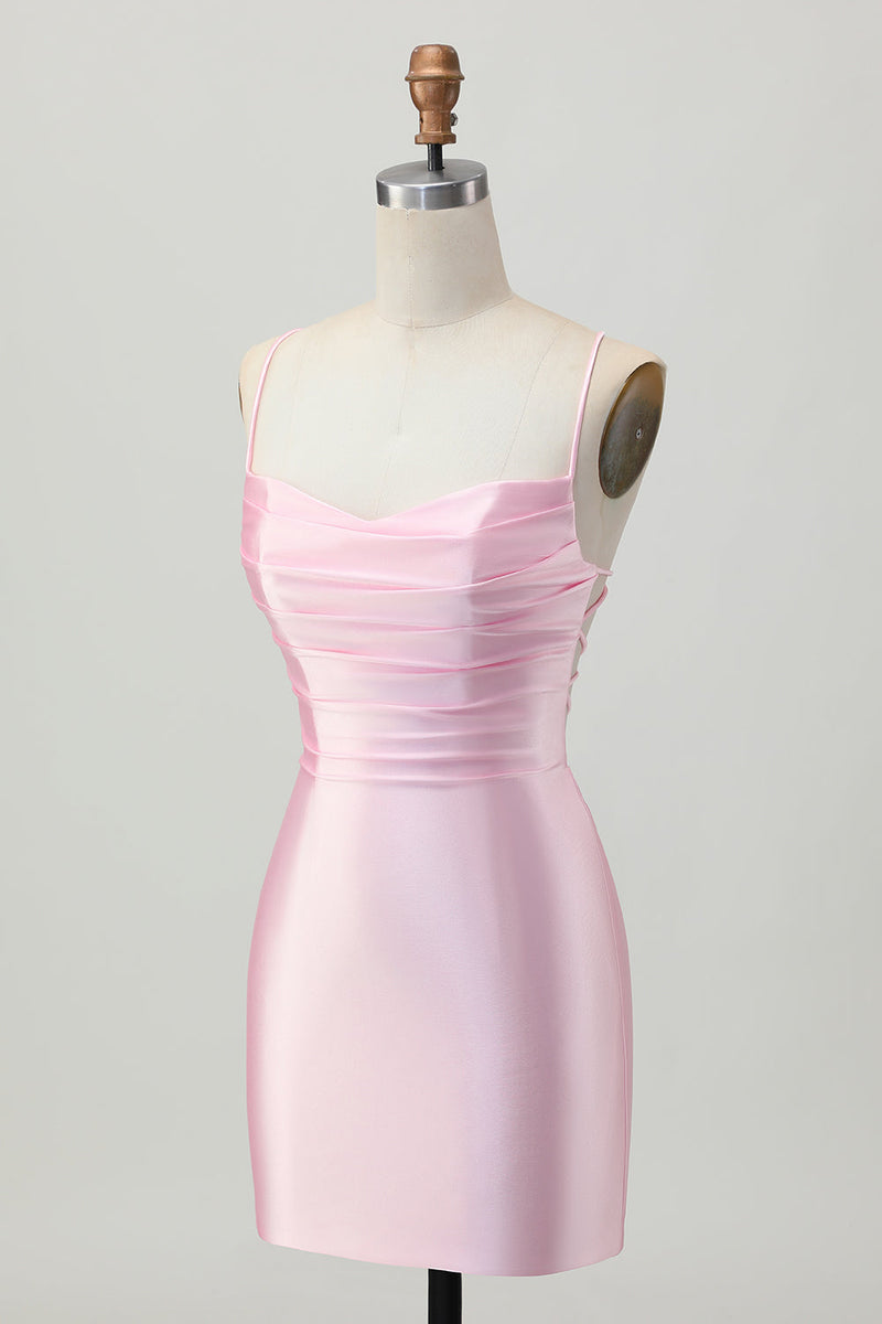 Load image into Gallery viewer, Blush Pink Satin Ruched Tight Spaghetti Straps Short Homecoming Dress