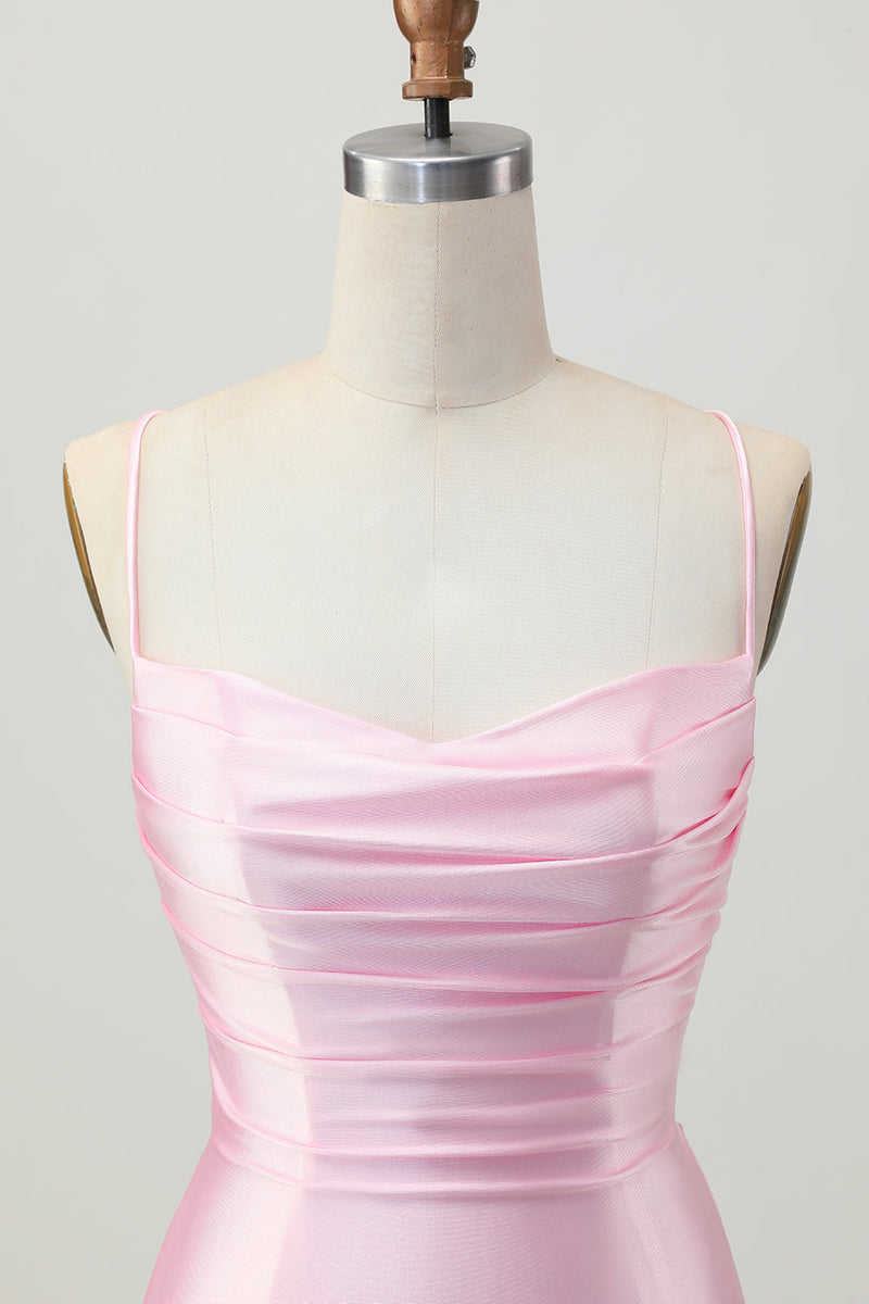 Load image into Gallery viewer, Blush Pink Satin Ruched Tight Spaghetti Straps Short Homecoming Dress