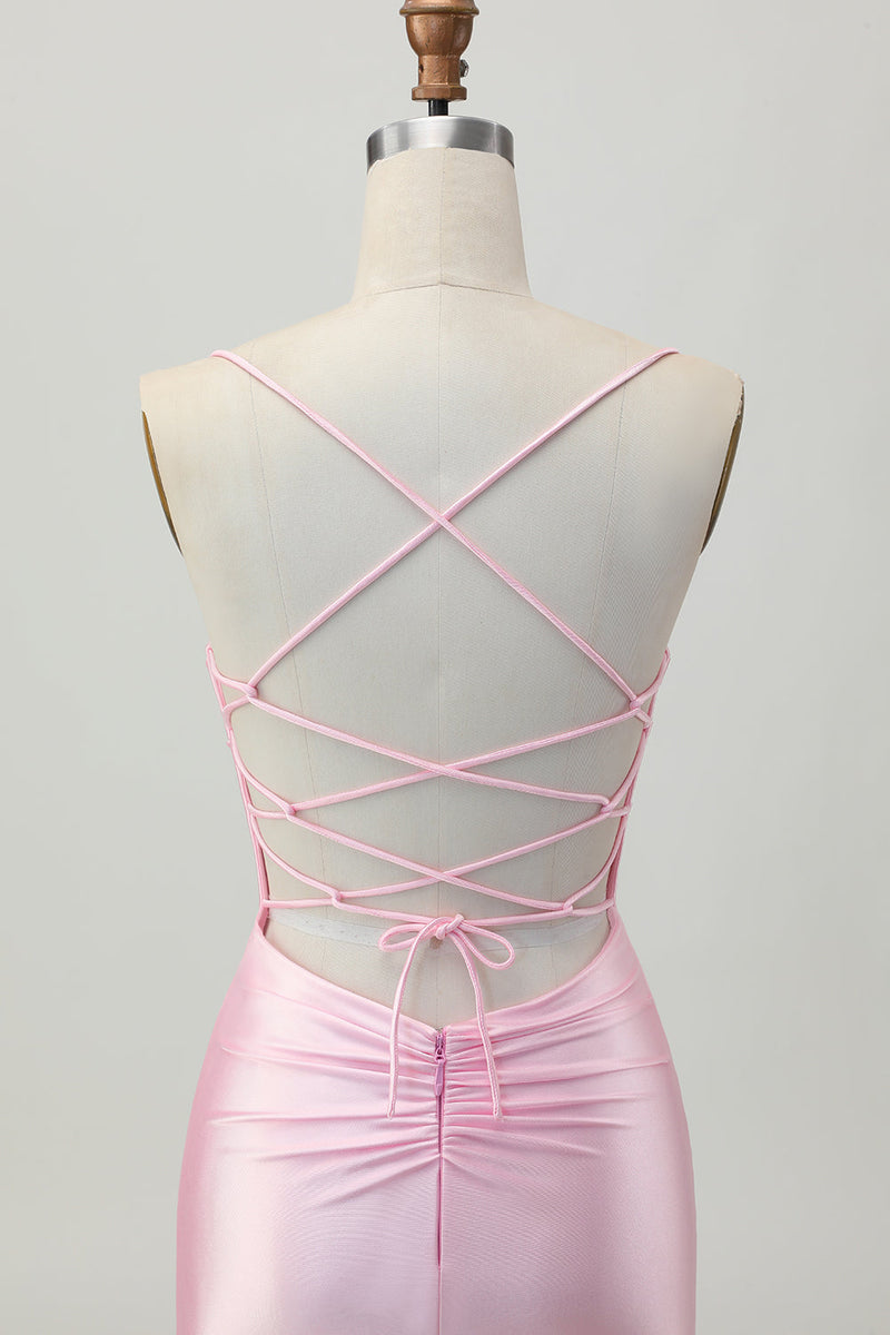 Load image into Gallery viewer, Blush Pink Satin Ruched Tight Spaghetti Straps Short Homecoming Dress