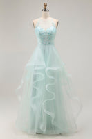 Load image into Gallery viewer, Sparkly Light Green Ruffled A Line Tulle Long Prom Dress with Beading