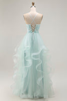 Load image into Gallery viewer, Sparkly Light Green Ruffled A Line Tulle Long Prom Dress with Beading