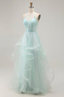 Load image into Gallery viewer, Sparkly Light Green Ruffled A Line Tulle Long Prom Dress with Beading