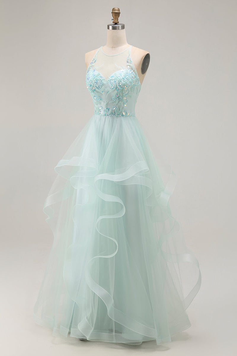 Load image into Gallery viewer, Sparkly Light Green Ruffled A Line Tulle Long Prom Dress with Beading