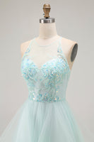 Load image into Gallery viewer, Sparkly Light Green Ruffled A Line Tulle Long Prom Dress with Beading