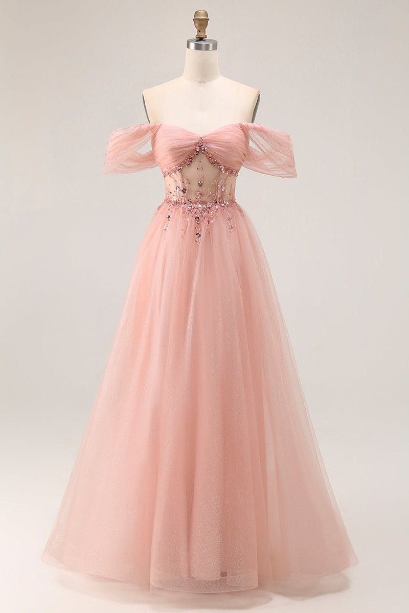 Load image into Gallery viewer, Sparkly Blush A Line Tulle Off the Shoulder Long Prom Dress with Sequins