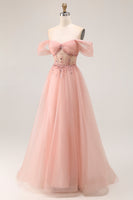 Load image into Gallery viewer, Sparkly Blush A Line Tulle Off the Shoulder Long Prom Dress with Sequins