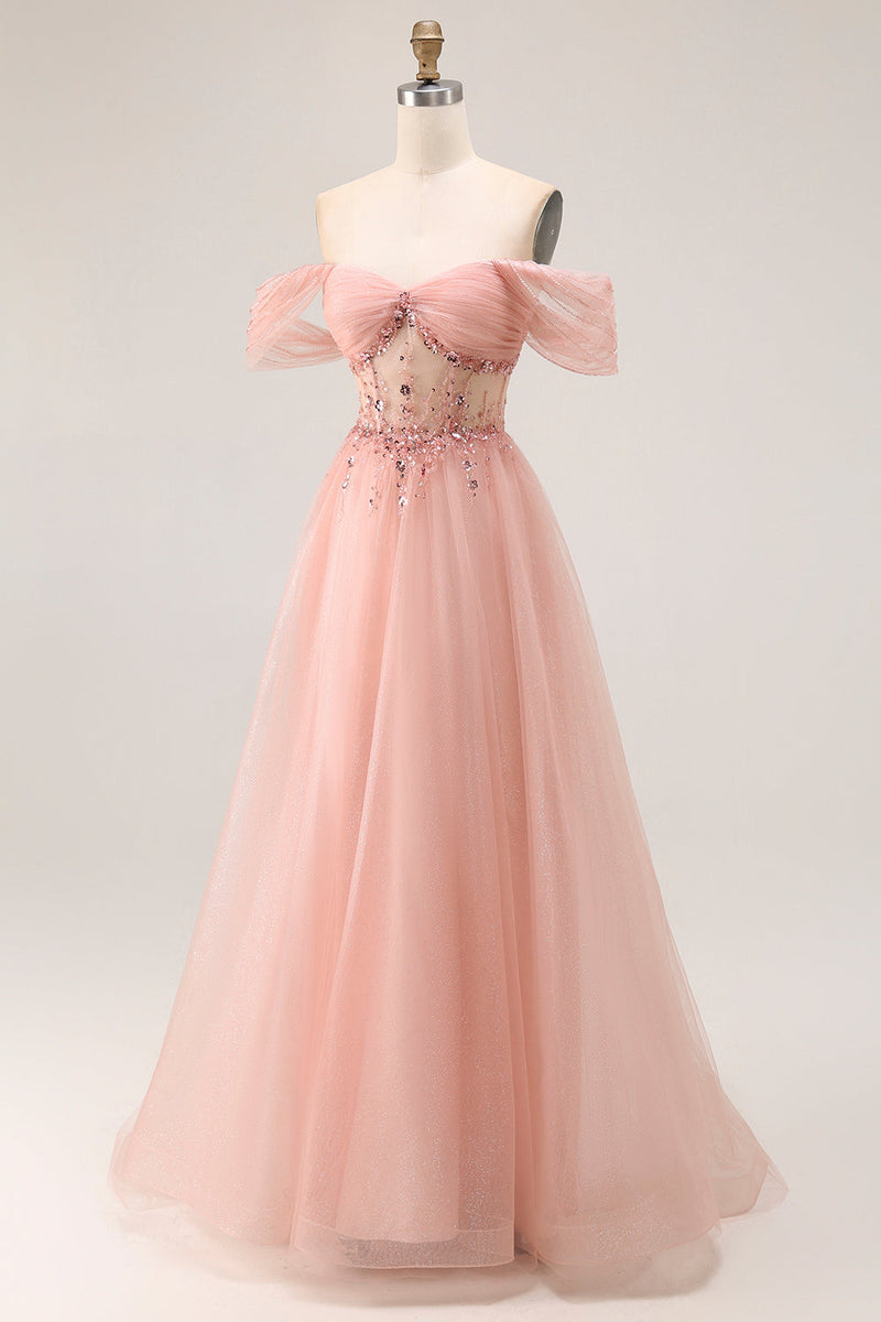 Load image into Gallery viewer, Sparkly Blush A Line Tulle Off the Shoulder Long Prom Dress with Sequins