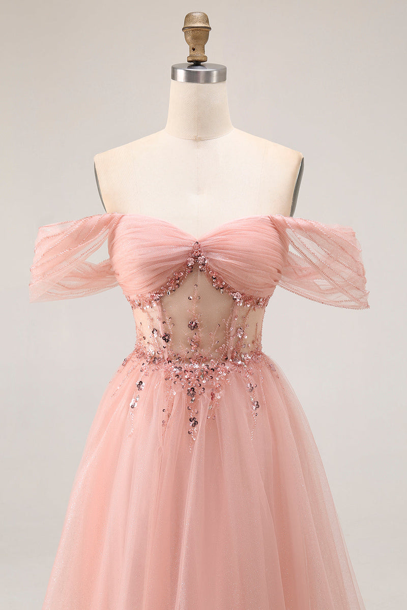 Load image into Gallery viewer, Sparkly Blush A Line Tulle Off the Shoulder Long Prom Dress with Sequins