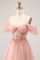Load image into Gallery viewer, Sparkly Blush A Line Tulle Off the Shoulder Long Prom Dress with Sequins