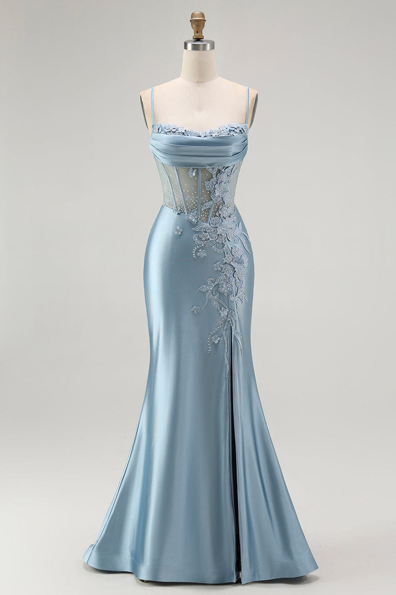 Queendancer Women Sparkly Grey Blue Appliqued Long Corset Prom Dress with  Slit Satin Mermaid Spaghetti Straps Evening Dress with Beading – queendancer