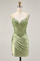 Load image into Gallery viewer, Sparkly Sage Green Tight Satin Sequined Short Corset Homecoming Dress