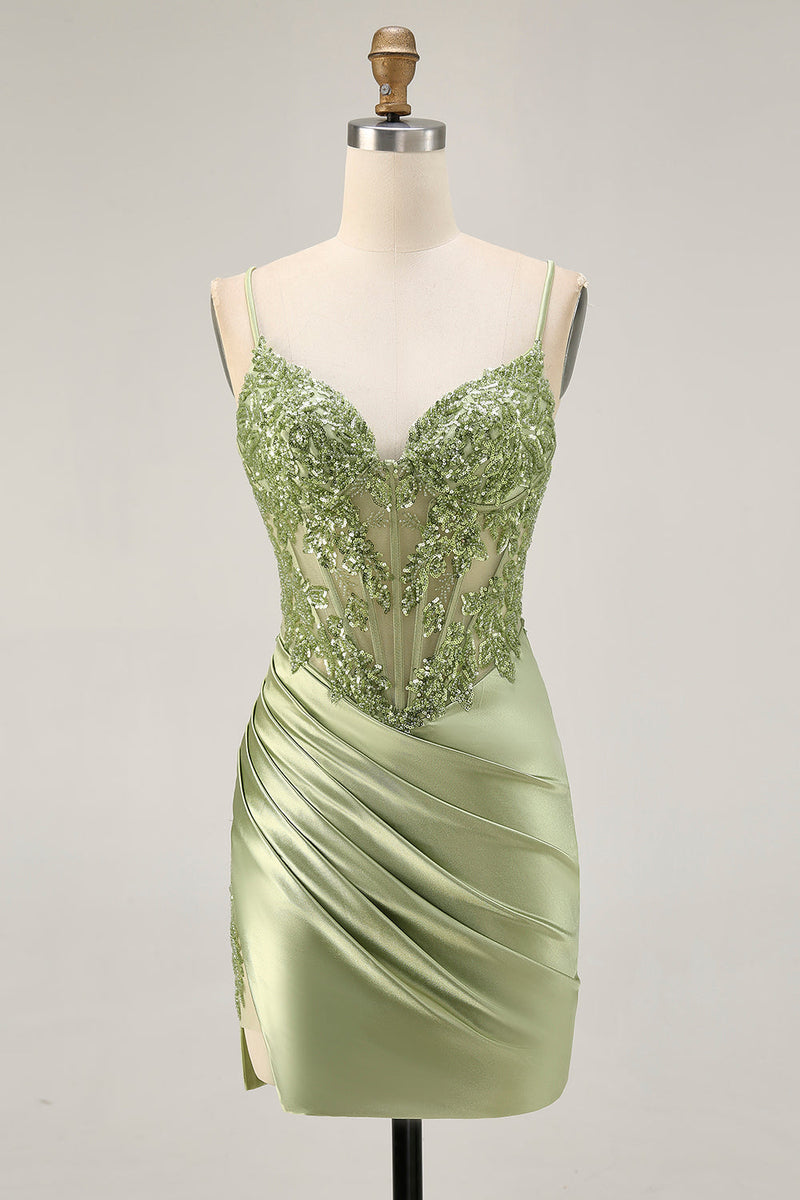 Load image into Gallery viewer, Sparkly Sage Green Tight Satin Sequined Short Corset Homecoming Dress