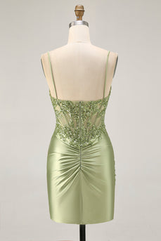 Sparkly Sage Green Tight Satin Sequined Short Corset Homecoming Dress