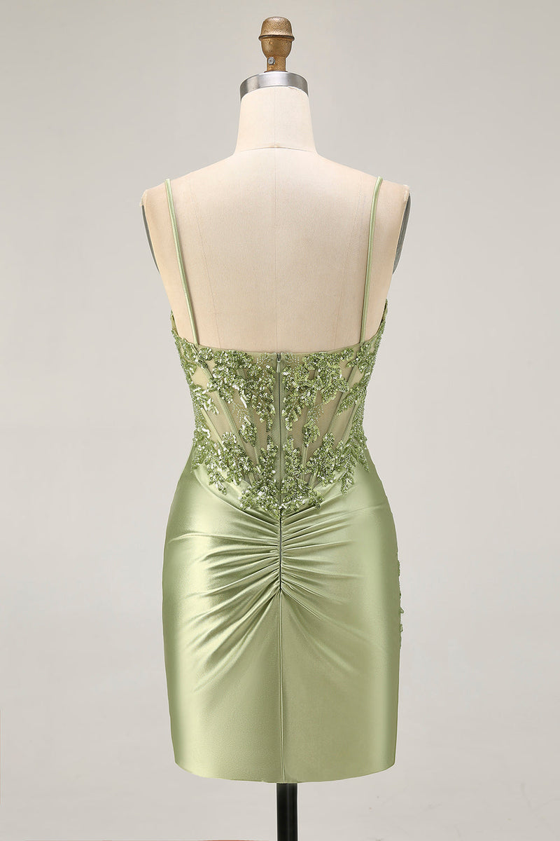 Load image into Gallery viewer, Sparkly Sage Green Tight Satin Sequined Short Corset Homecoming Dress