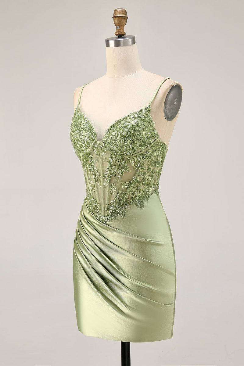 Load image into Gallery viewer, Sparkly Sage Green Tight Satin Sequined Short Corset Homecoming Dress