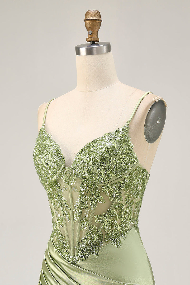 Load image into Gallery viewer, Sparkly Sage Green Tight Satin Sequined Short Corset Homecoming Dress