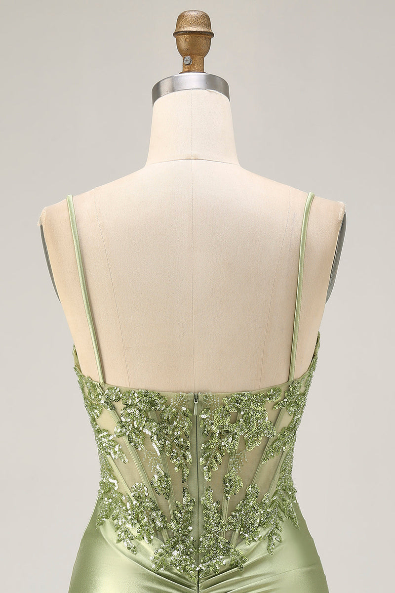 Load image into Gallery viewer, Sparkly Sage Green Tight Satin Sequined Short Corset Homecoming Dress