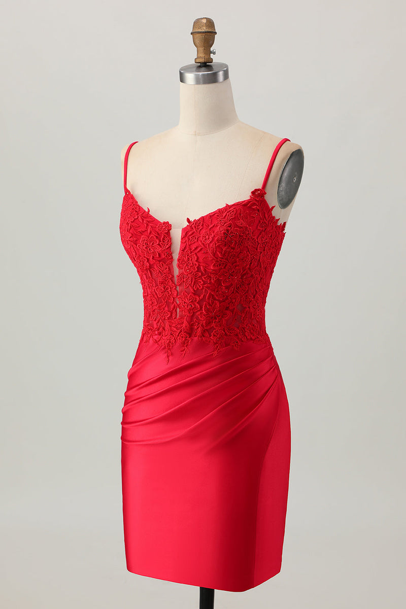 Queendancer Women Red Satin Short Corset Homecoming Dress with Lace