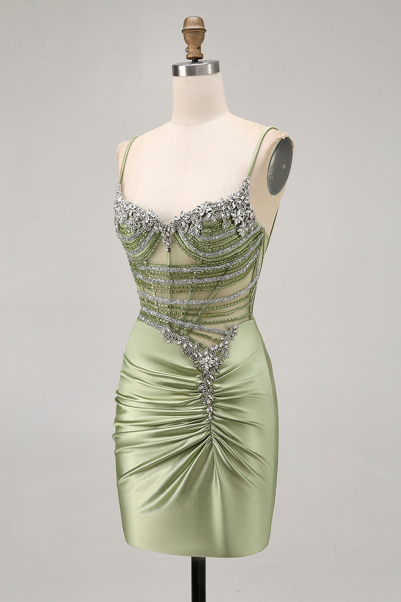 Load image into Gallery viewer, Sparkly Sage Green Tight Beaded Short Corset Homecoming Dress