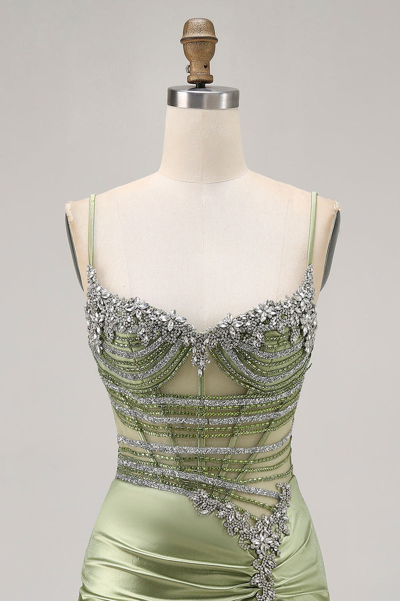 Load image into Gallery viewer, Sparkly Sage Green Tight Beaded Short Corset Homecoming Dress