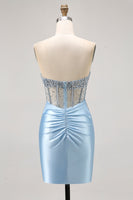 Load image into Gallery viewer, Sparkly Light Blue Tight Ruched Short Corset Homecoming Dress