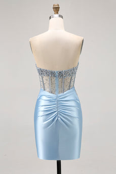 Sparkly Light Blue Tight Ruched Short Corset Homecoming Dress