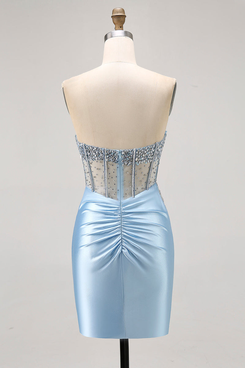 Load image into Gallery viewer, Sparkly Light Blue Tight Ruched Short Corset Homecoming Dress