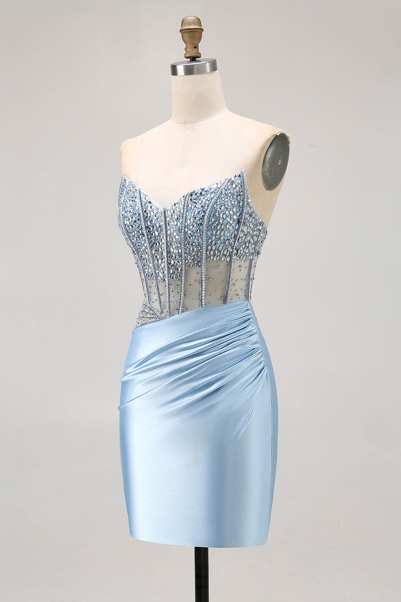Load image into Gallery viewer, Sparkly Light Blue Tight Ruched Short Corset Homecoming Dress