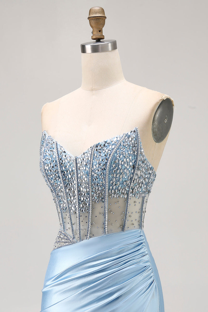 Load image into Gallery viewer, Sparkly Light Blue Tight Ruched Short Corset Homecoming Dress