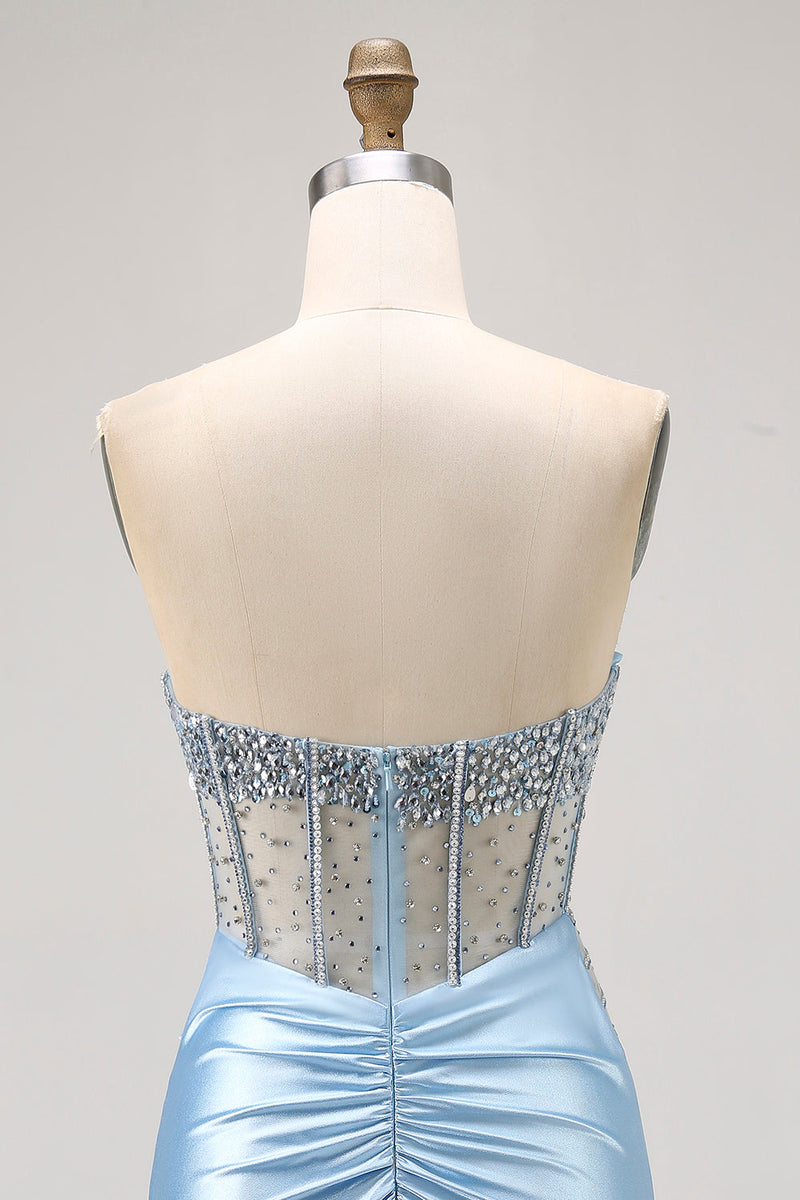 Load image into Gallery viewer, Sparkly Light Blue Tight Ruched Short Corset Homecoming Dress