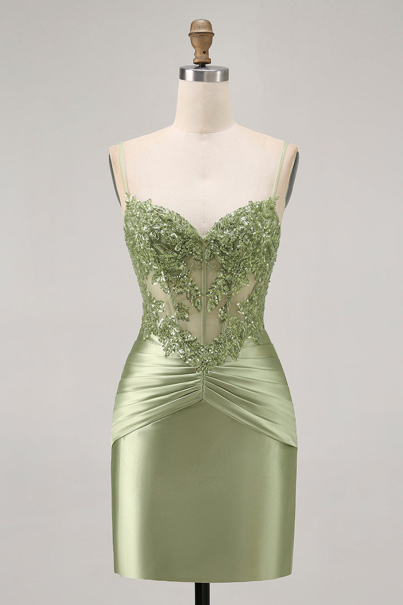 Load image into Gallery viewer, Sparkly Green Satin Tight Short Corset  Homecoming Dress with Beading