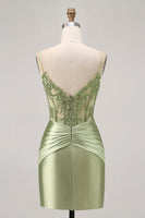 Load image into Gallery viewer, Sparkly Green Satin Tight Short Corset  Homecoming Dress with Beading