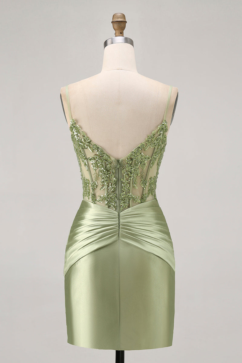 Load image into Gallery viewer, Sparkly Green Satin Tight Short Corset  Homecoming Dress with Beading