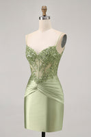 Load image into Gallery viewer, Sparkly Green Satin Tight Short Corset  Homecoming Dress with Beading
