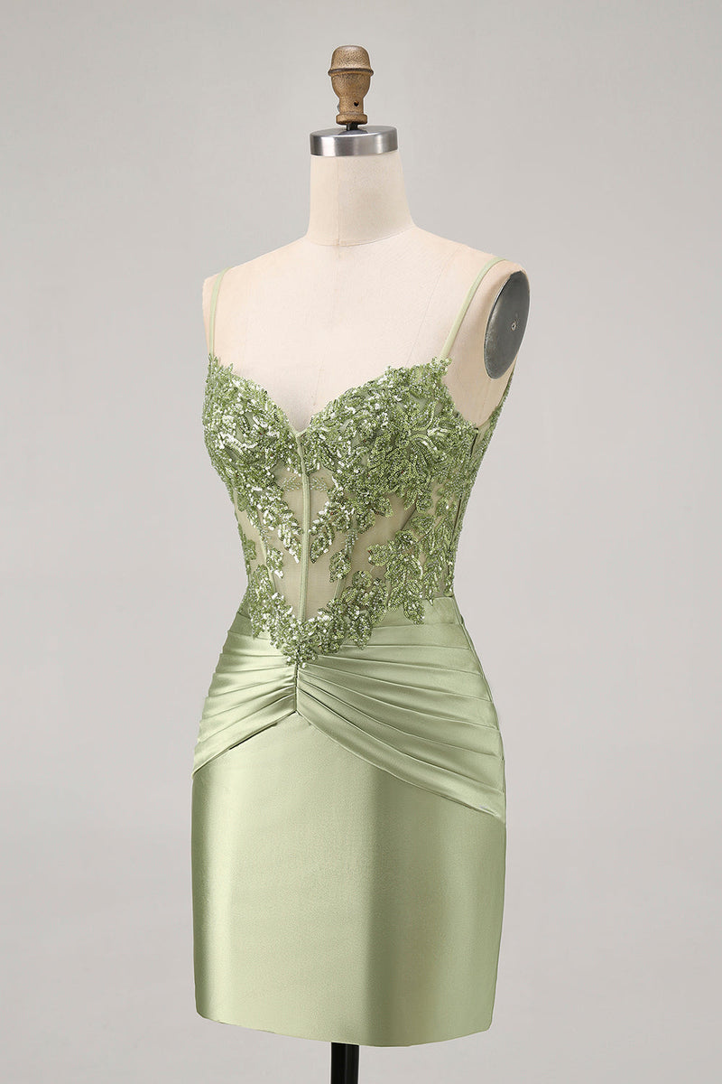 Load image into Gallery viewer, Sparkly Green Satin Tight Short Corset  Homecoming Dress with Beading