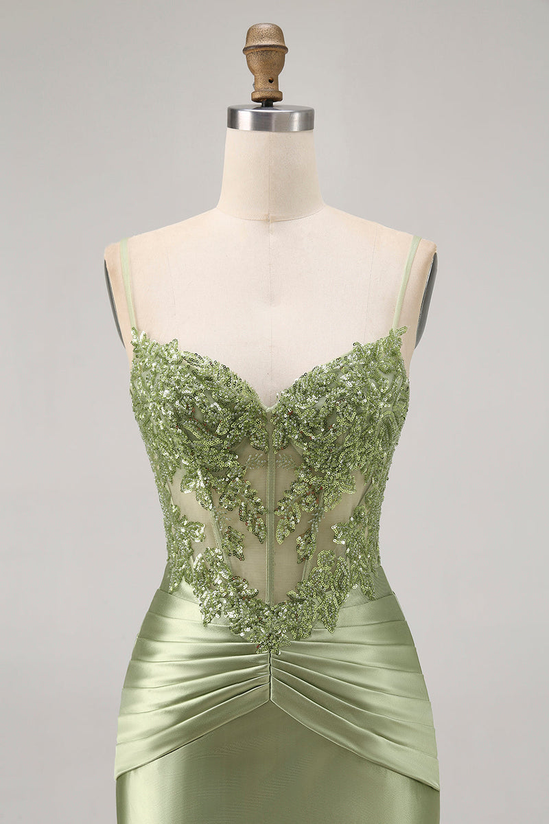 Load image into Gallery viewer, Sparkly Green Satin Tight Short Corset  Homecoming Dress with Beading