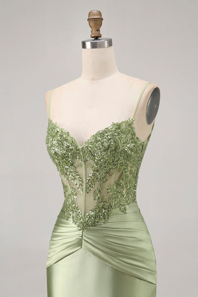 Load image into Gallery viewer, Sparkly Green Satin Tight Short Corset  Homecoming Dress with Beading