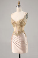 Load image into Gallery viewer, Sparkly Champagne Lace Short Corset Tight Homecoming Dress